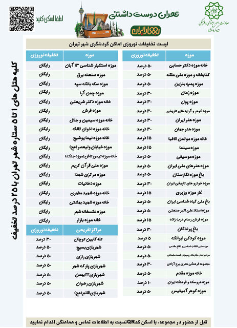 از بازدید رایگان موزهها تا تخفیف ۵۰ درصدی شهربازیها در نوروز+جدول تخفیفات 2 از بازدید رایگان موزهها تا تخفیف ۵۰ درصدی شهربازیها در نوروز+جدول تخفیفات